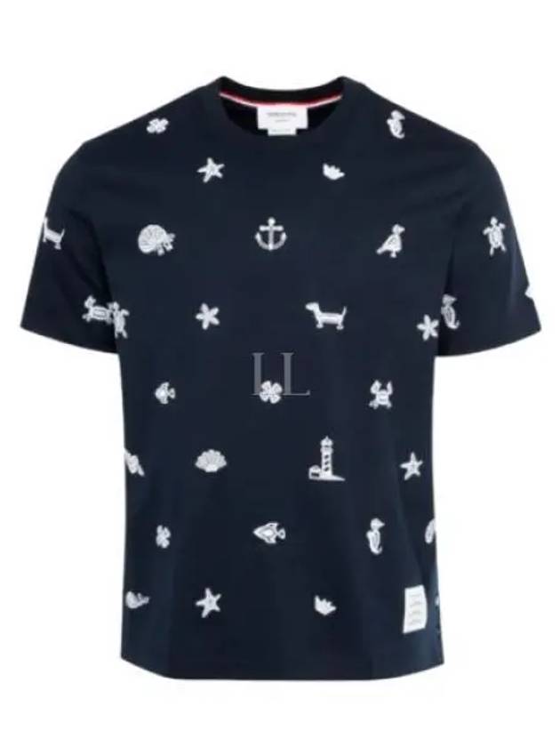 Embroidered Cotton Short Sleeve T-Shirt Navy - THOM BROWNE - BALAAN 2