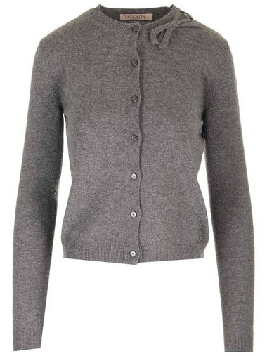 Women's Bow Detail Crew Neck Cardigan Grey - VALENTINO - BALAAN 1