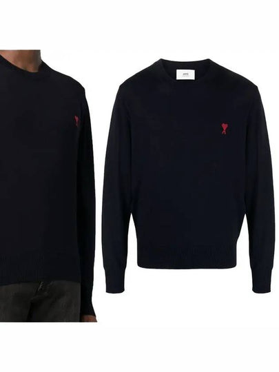 Heart Embroidered Logo Crew Neck Knit Top Navy - AMI - BALAAN 2