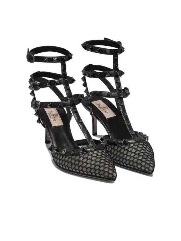 Mesh Rockstud Leather Sandal Heel 4W0S0375TPZ 0NO - VALENTINO - BALAAN 3