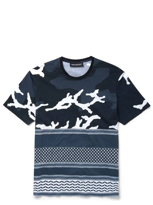 Men's Camo Mix Printing Short Sleeve T-Shirt Navy - NEIL BARRETT - BALAAN.