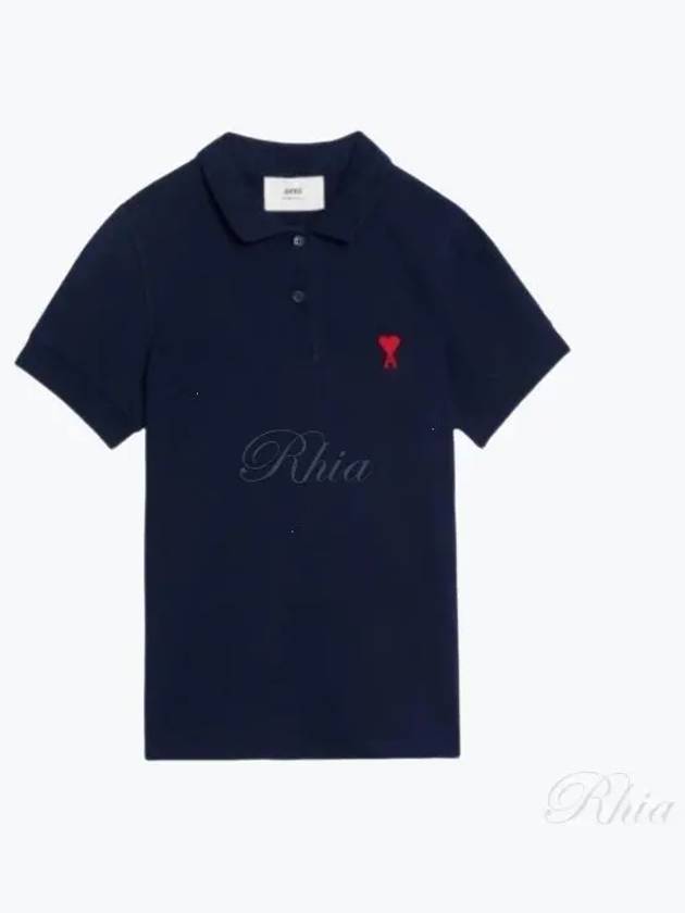 Embroidered Heart Logo Polo Shirt Navy - AMI - BALAAN 2