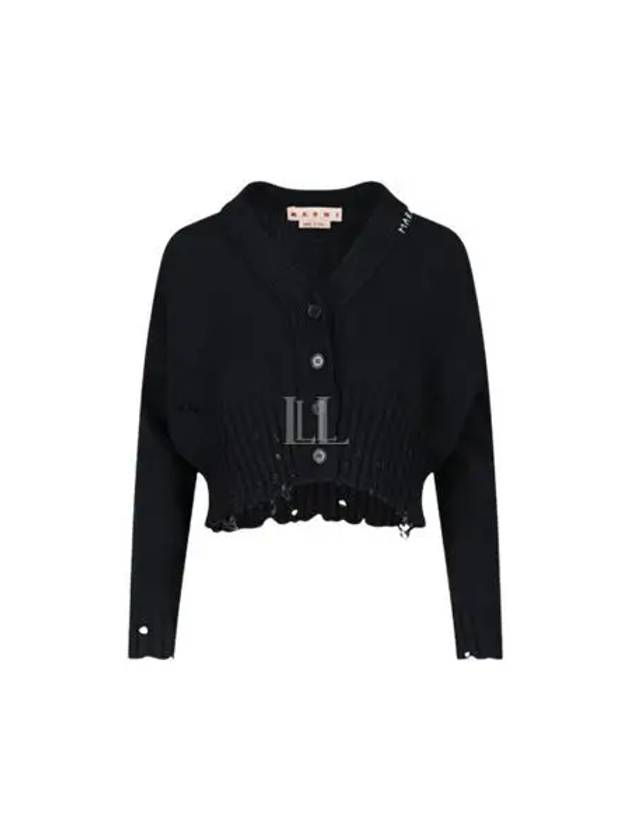 Embroidered Logo Distressed V-Neck Crop Cardigan Black - MARNI - BALAAN 2