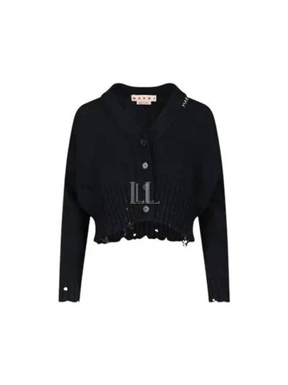 Embroidered Logo Distressed V-Neck Crop Cardigan Black - MARNI - BALAAN 2