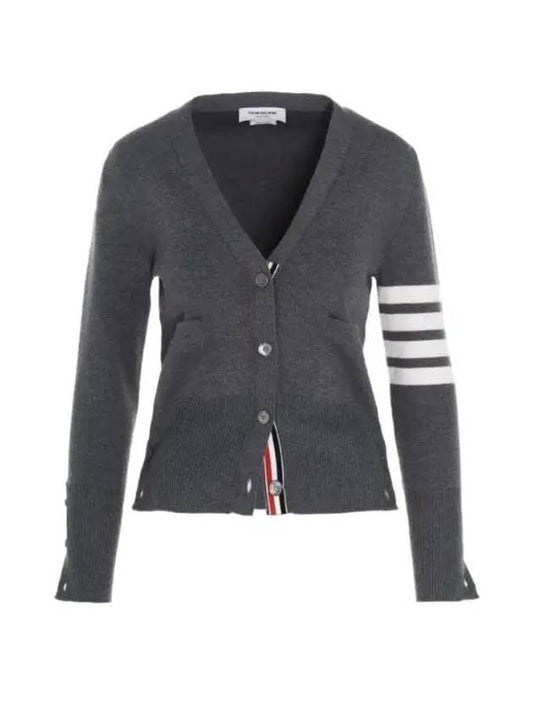 Milano Stitch 4 Bar Classic V Neck Fine Merino Wool Cardigan Medium Grey - THOM BROWNE - BALAAN 2