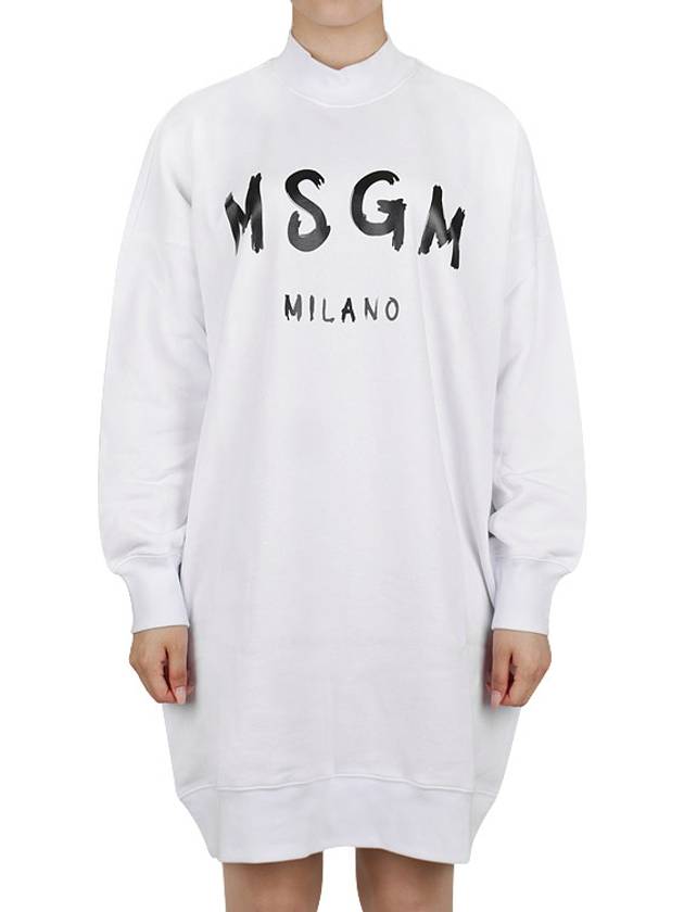 Milano Brushed Logo Print Long Sleeve Short Dress White - MSGM - BALAAN 3