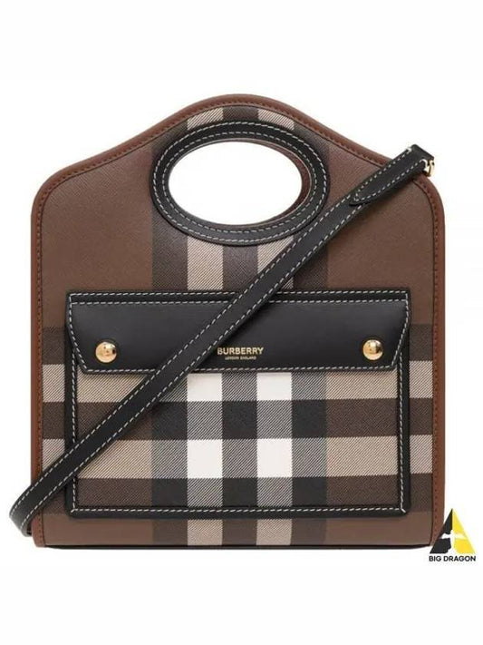 Mini Pocket Checked Leather Tote Bag Dark Burch Brown - BURBERRY - BALAAN 2