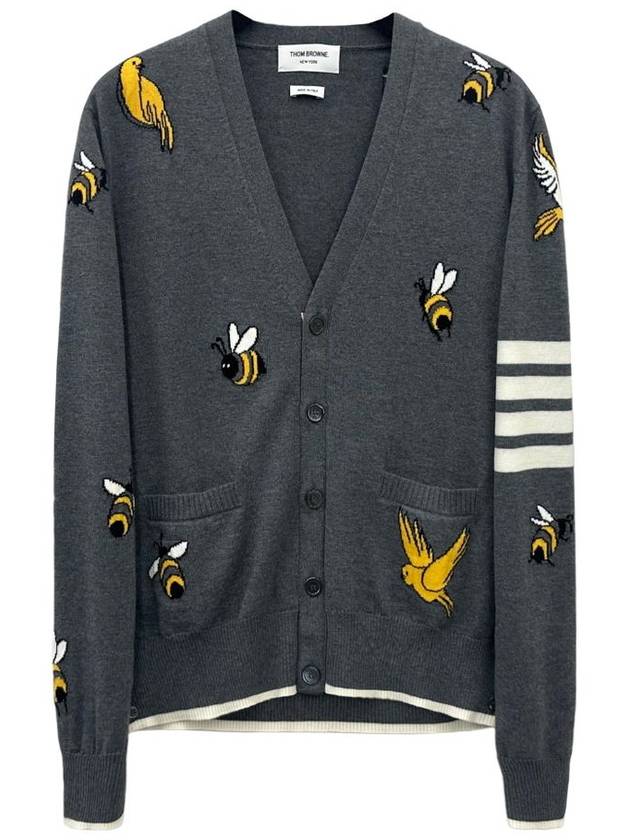 Men's Merino Bird Bee 4 Bar V-Neck Merino Cotton Cardigan Medium Grey - THOM BROWNE - BALAAN 2