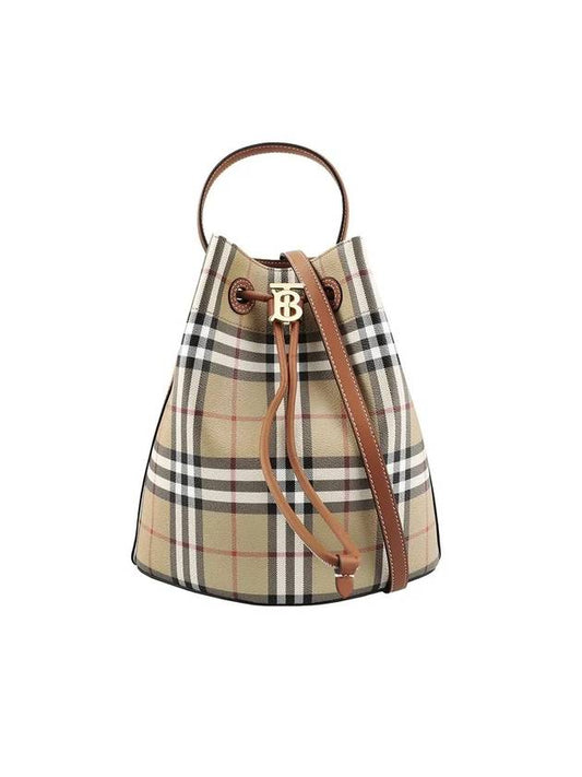 Checked Leather Small Bucket Bag Archive Beige - BURBERRY - BALAAN 1