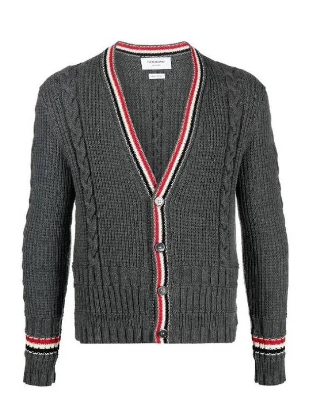 Cable Stripe Classic V-neck Merino Wool Cardigan Grey - THOM BROWNE - BALAAN 2