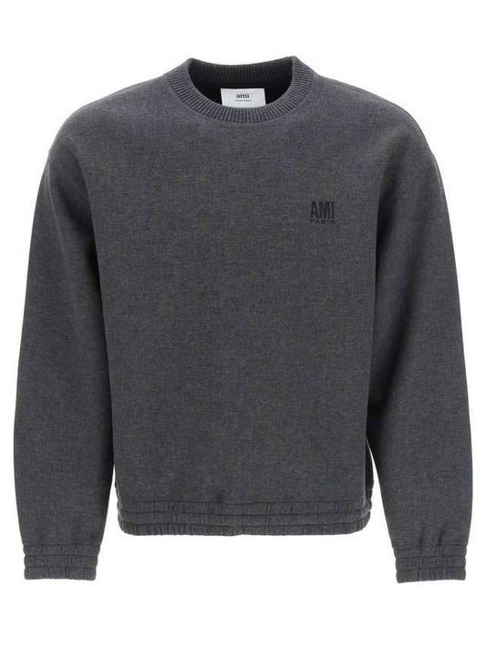 Men's Embroidered Logo Wool Sweatshirt Gray - AMI - BALAAN.