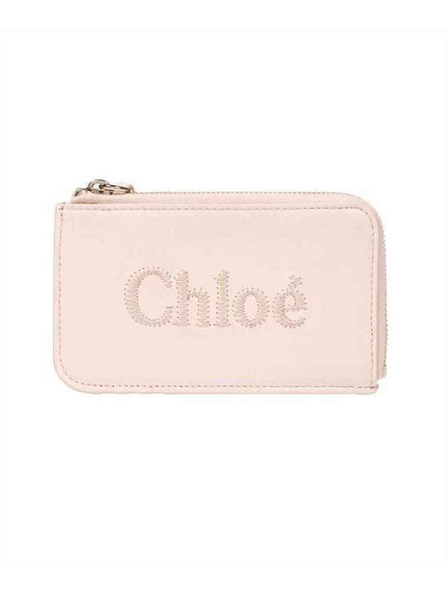 Embroidered Logo Shiny Calf Skin Zipper Card Wallet Pink - CHLOE - BALAAN 1