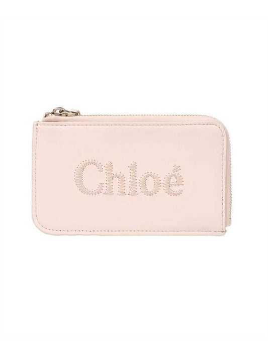 Embroidered Logo Shiny Calf Skin Zipper Card Wallet Pink - CHLOE - BALAAN 1