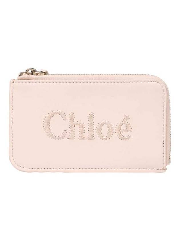 Embroidered Logo Shiny Calf Skin Zipper Card Wallet Pink - CHLOE - BALAAN 1