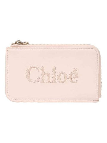 Embroidered Logo Shiny Calf Skin Zipper Card Wallet Pink - CHLOE - BALAAN 1