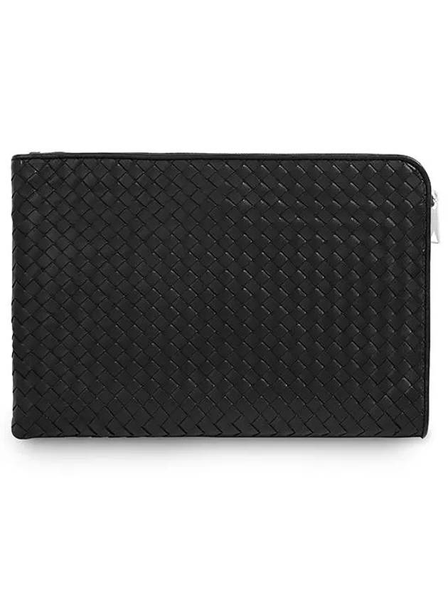 Intrecciato Weaving Zipper Clutch Bag Black - BOTTEGA VENETA - BALAAN 3