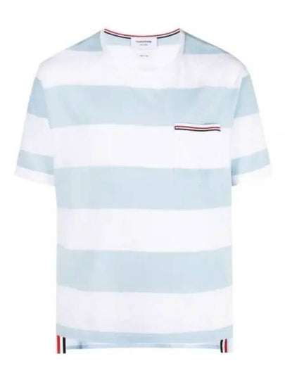 Men's Rugby Striped Pick Pocket Short Sleeve T-Shirt Light Blue White - THOM BROWNE - BALAAN 2