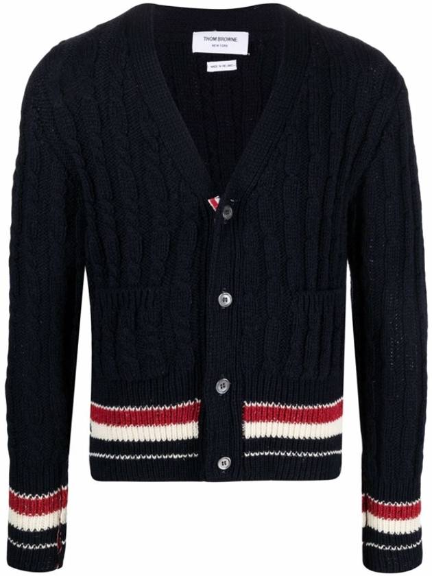 Men's Mix Cable V-Neck Classic Fit Cardigan Navy - THOM BROWNE - BALAAN.