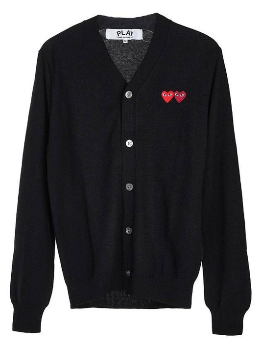 Play Double Heart Logo Wool Cardigan P1 N058 1 Black - COMME DES GARCONS - BALAAN 1