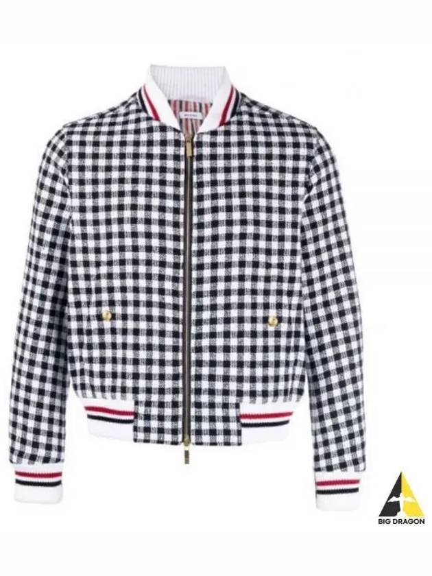 Gingham Boucle Knit Rib Cotton Bomber Jacket Navy - THOM BROWNE - BALAAN 2