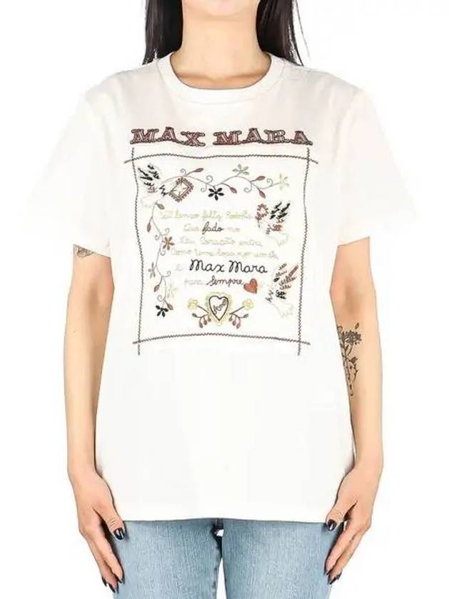 Women's Embroidered Cotton Short Sleeve T-Shirt Ivory - MAX MARA - BALAAN 2