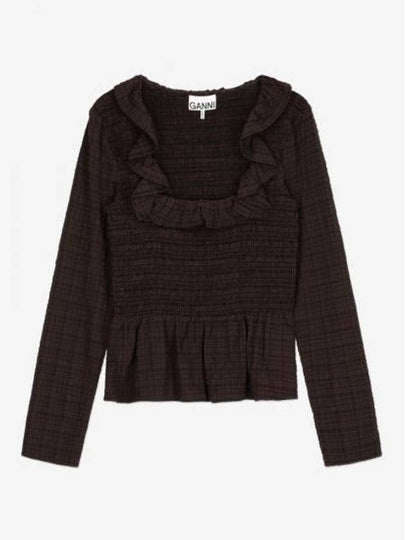 Stretch Seersucker Open Neck Blouse Chicory Coffee - GANNI - BALAAN 2