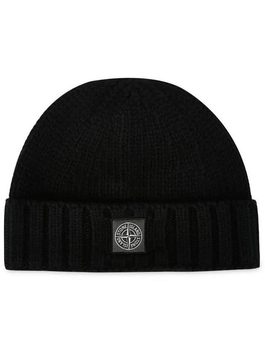 Logo Patch Wool Beanie Black - STONE ISLAND - BALAAN 2