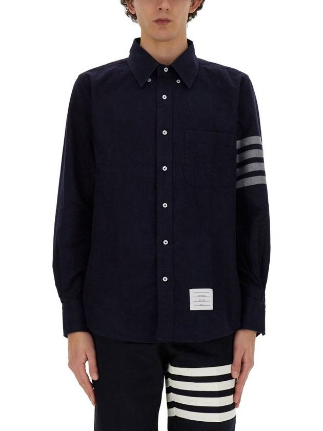 Men's Diagonal Solid Flannel Long Sleeve Shirt Navy - THOM BROWNE - BALAAN 2