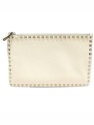 RW2P0269VSHI16 Ivory Stampa Alce Calfskin Gold Rockstud Pouch Clutch - VALENTINO - BALAAN 1