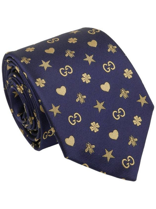 Symbol Motif Pattern Slim Silk Tie Navy - GUCCI - BALAAN.