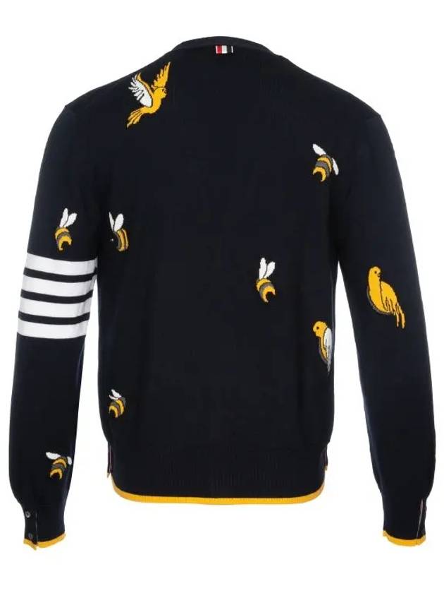 Men's Merino Bird Bee 4 Bar V-Neck Merino Cotton Cardigan Navy - THOM BROWNE - BALAAN 3