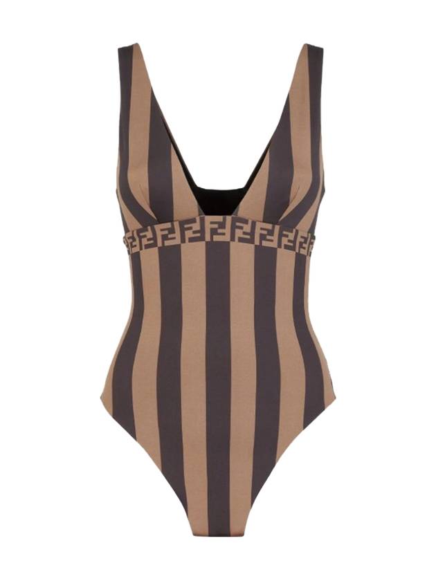 Striped V neck one piece swimsuit brown - FENDI - BALAAN 1