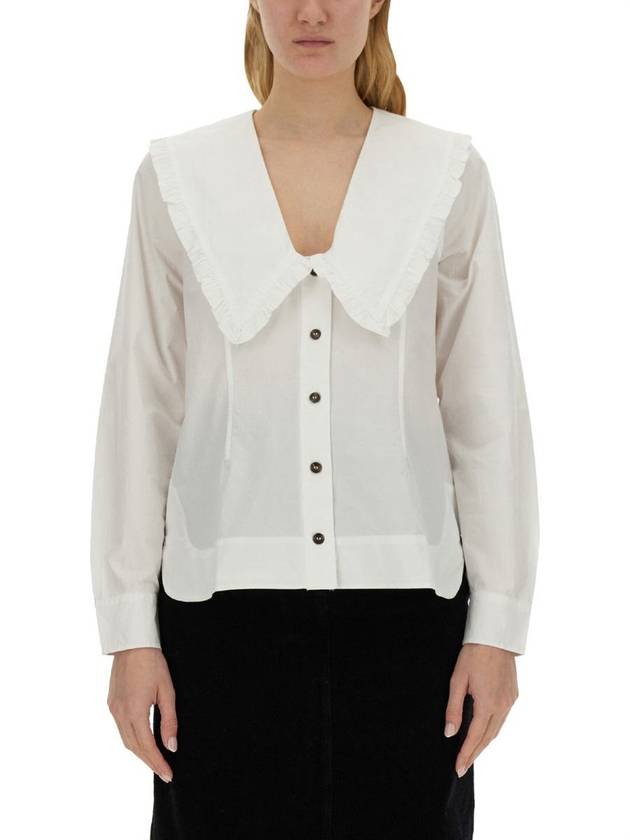 Women's Wide Collar Plunge Neck Cotton Shirt White - GANNI - BALAAN 2