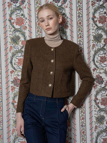 Women's Gabrielle Wool Herringbone Crop Jacket Brown - DEFEMME - BALAAN 1