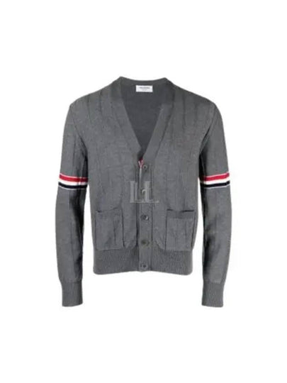 RWB V-neck Striped Virgin Wool Cardigan Grey - THOM BROWNE - BALAAN 2