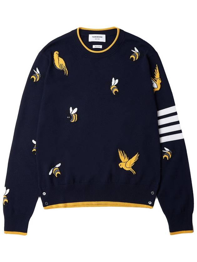 Cotton Merino Birds & Bees Intrasia 4 Bar Crew Neck Pullover Knit Top Navy - THOM BROWNE - BALAAN 2