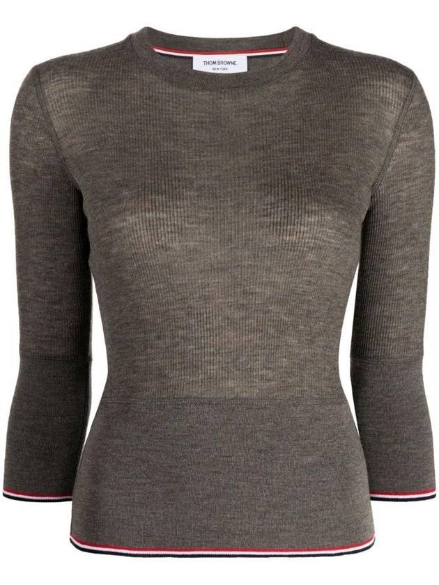 Women's Wool Rib 3/4 Sleeve Crew Neck Pullover Knit Top Brown - THOM BROWNE - BALAAN 1