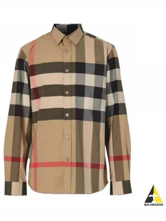 Check Stretch Cotton Poplin Long Sleeve Shirt Beige - BURBERRY - BALAAN 2