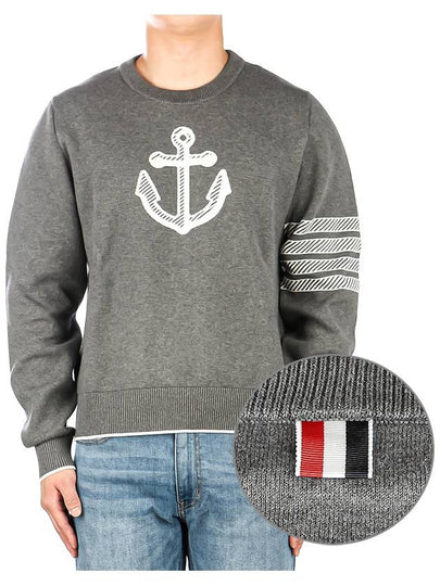 Men's Anchor Jacquard 4-Bar Crew Neck Knit Top Med Grey - THOM BROWNE - BALAAN 2