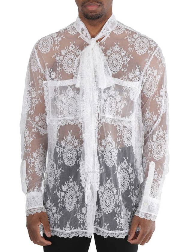 Burberry Optic White Oversized Tie-Neck Chantilly Lace Shirt, Size X-Small - BURBERRY - BALAAN 1