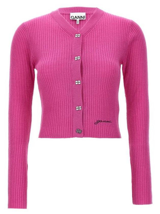 Merino Mini Ribbed Cardigan Fuchsia - GANNI - BALAAN 1