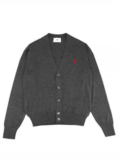 Red Heart Logo Merino Wool Cardigan Heather Grey - AMI - BALAAN 2