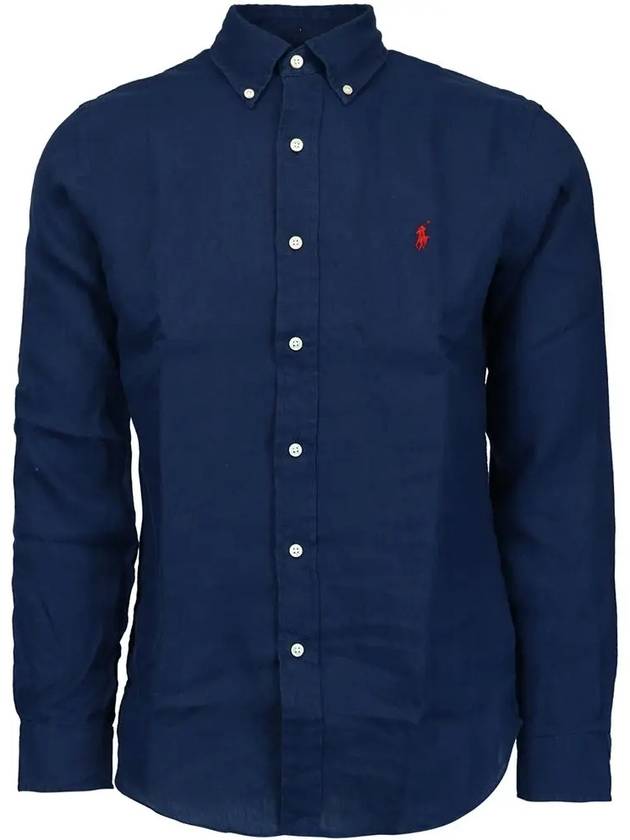 Men's Pony Embroidery Linen Oxford Long Sleeve Shirt Blue - POLO RALPH LAUREN - BALAAN 2