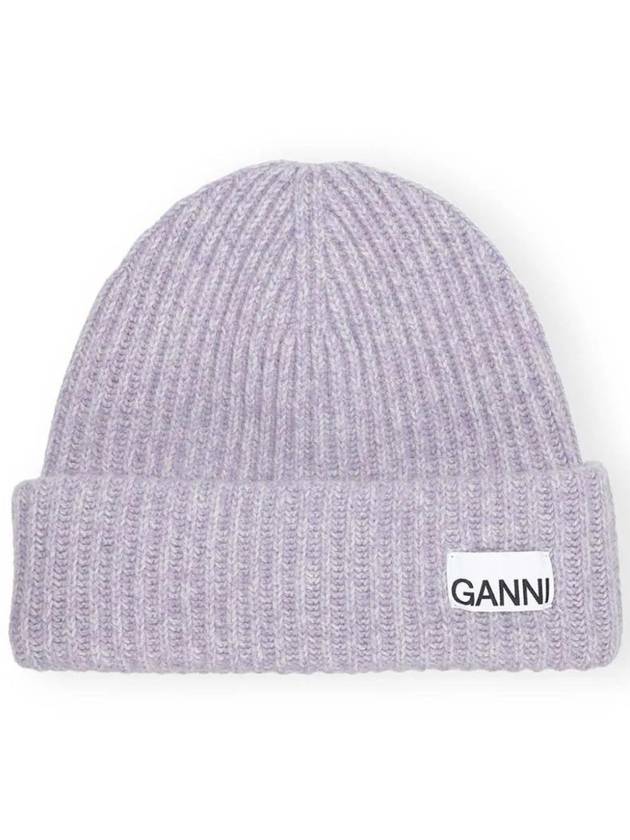 Logo Patch Ribbed Knit Beanie Purple - GANNI - BALAAN 1