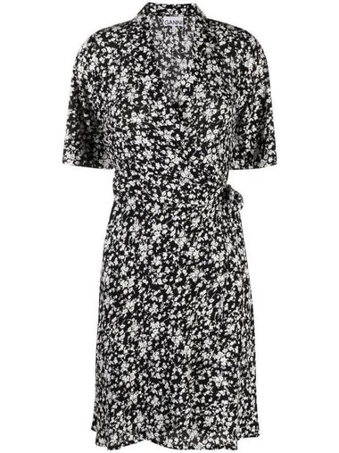 Floral Print V-Neck Wrap Midi Dress Black - GANNI - BALAAN 1