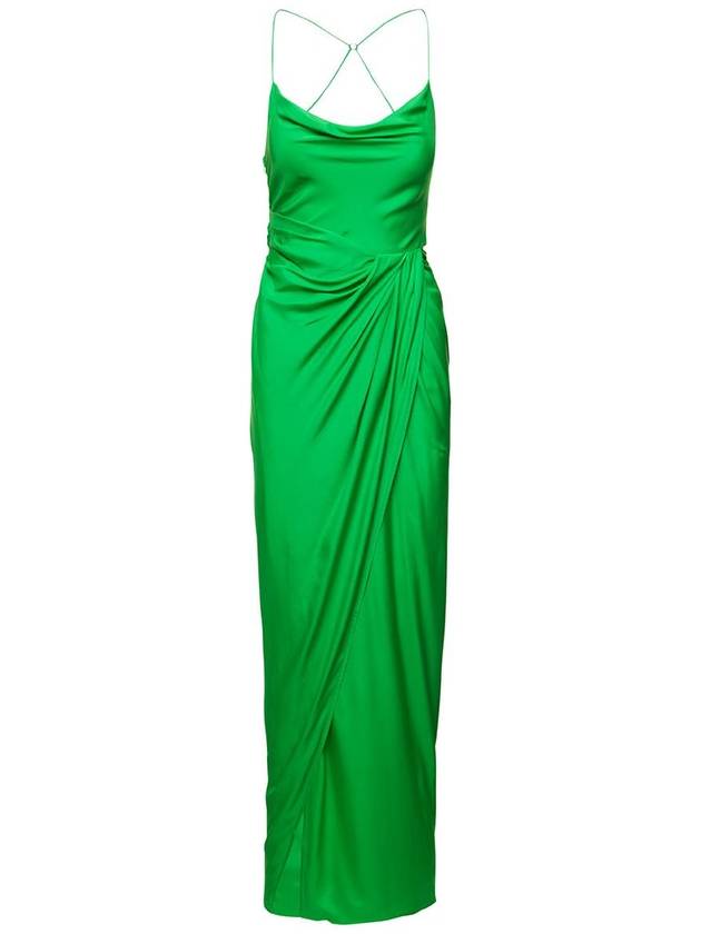 'Shiroi' Long Green Dress With Draped Neckline And Split In Silk Woman - GAUGE81 - BALAAN 1