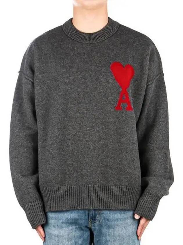 Intarsia Big Heart Logo Wool Knit Top Grey - AMI - BALAAN 2