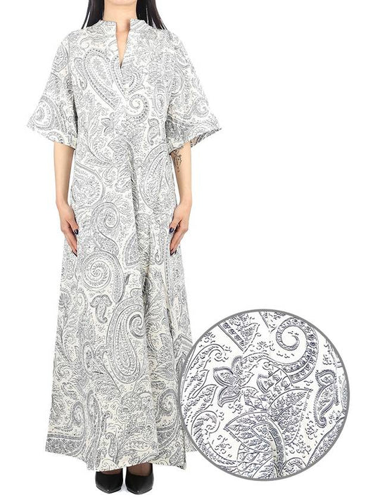 Women's Split Neck Paisley Print Maxi Long Dress Gray - ETRO - BALAAN.