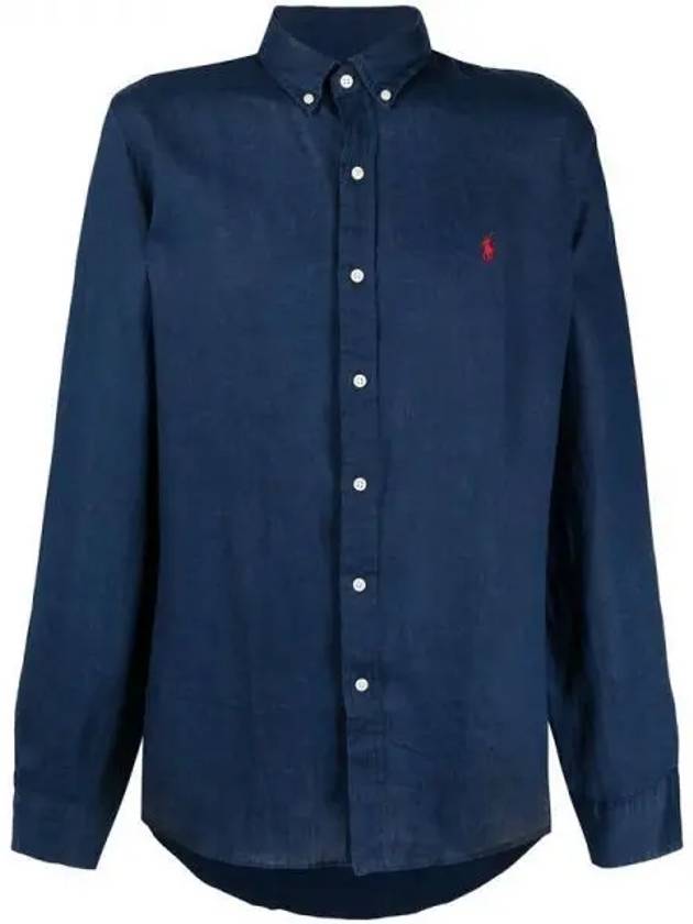 Embroidered Pony Linen Long Sleeve Shirt Navy - POLO RALPH LAUREN - BALAAN 2