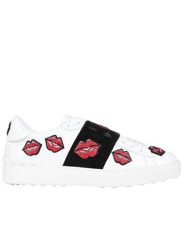 Lip Patch Open Low Top Sneakers White Black - VALENTINO - BALAAN 1